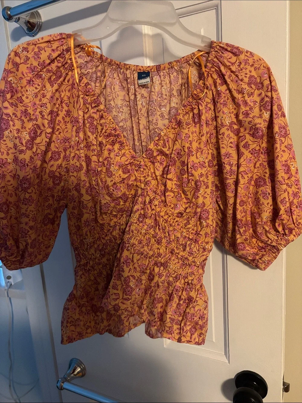 Old Navy orange and pink Floral Puff-Sleeve Smocked Blouse